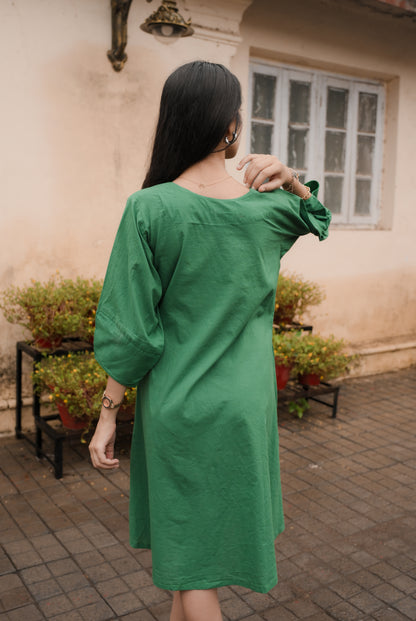 Meadow Charm Embroidered Green Cotton Dress