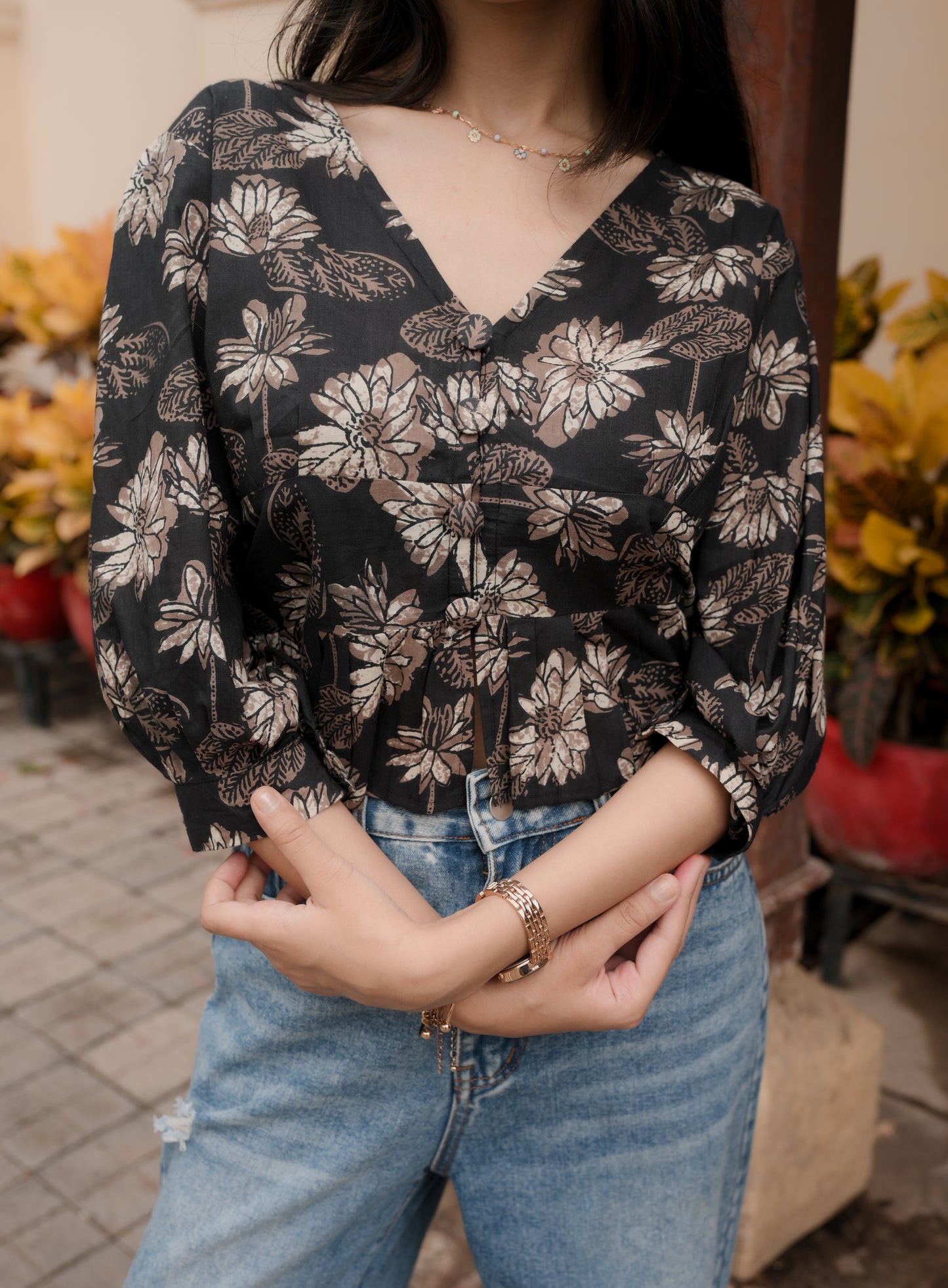 Midnight Bloom V-Neck Peplum Top