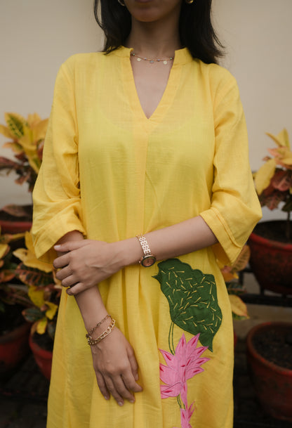 Yellow Lotus Embroidery Shirt Dress