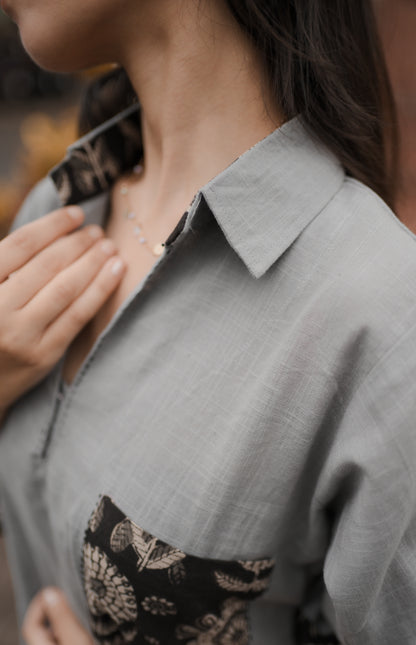 Grey & Black Collared A-Line Cotton Dress