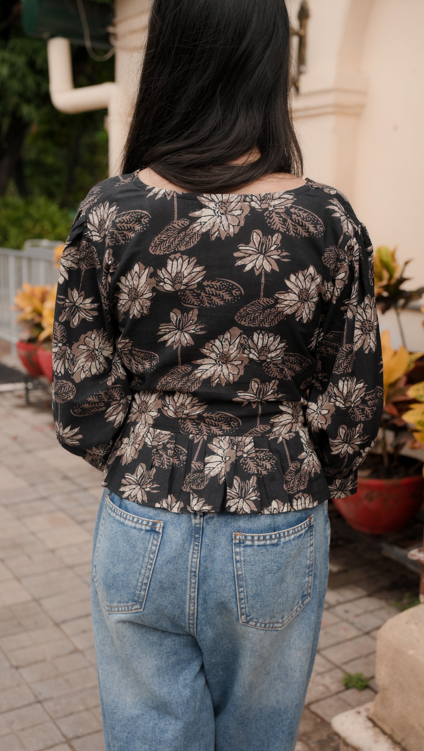 Midnight Bloom V-Neck Peplum Top