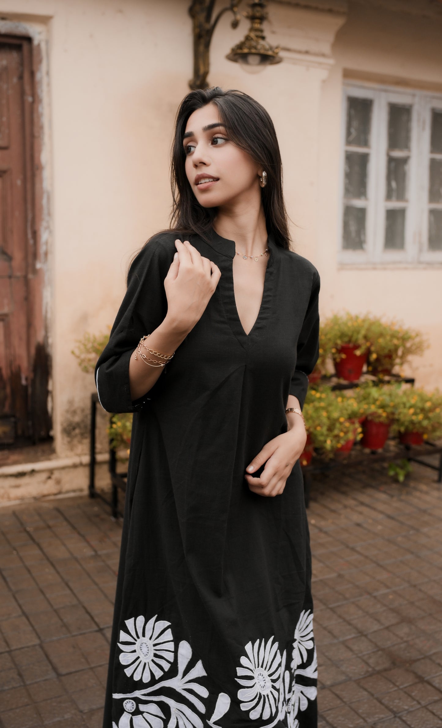 Bold Black Floral Embroidered Shirt Dress