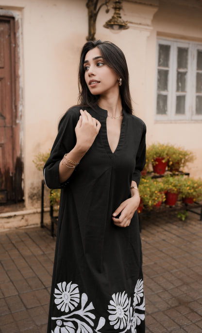 Bold Black Floral Embroidered Shirt Dress