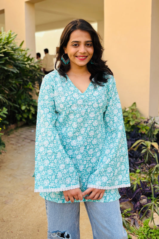 Meher Sky Blue Handblock Print Kurti