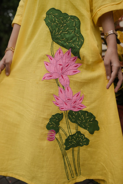 Yellow Lotus Embroidery Shirt Dress