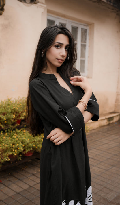 Bold Black Floral Embroidered Shirt Dress