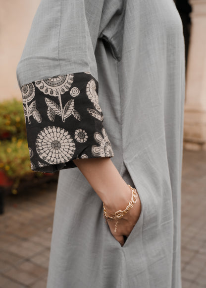 Grey & Black Collared A-Line Cotton Dress