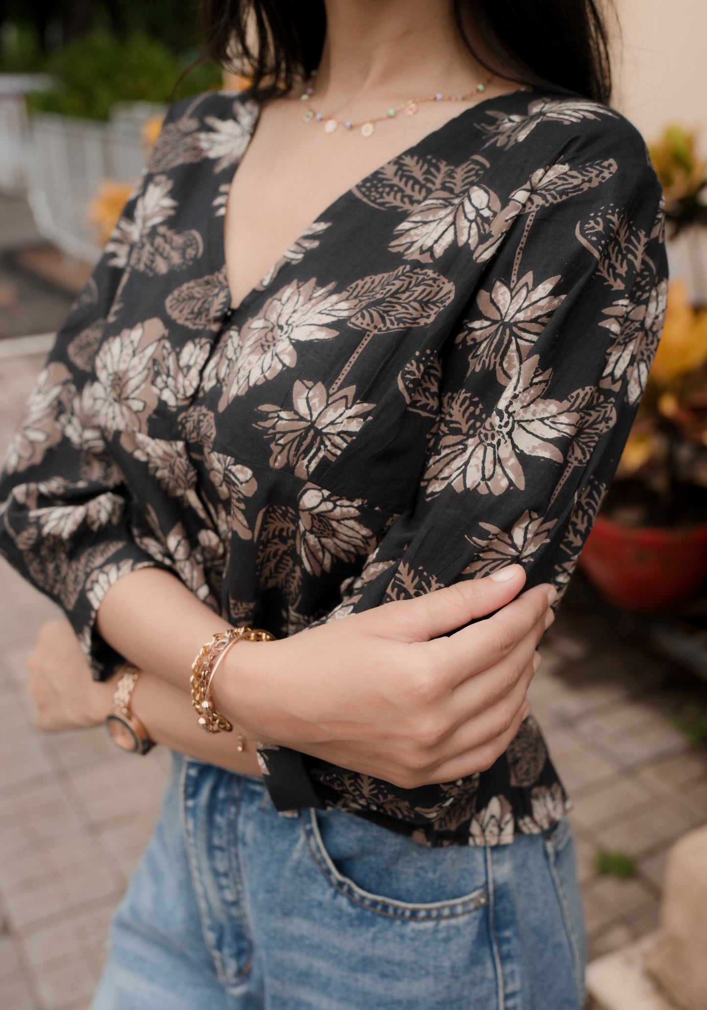 Midnight Bloom V-Neck Peplum Top
