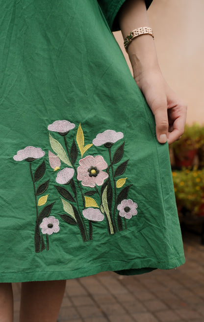 Meadow Charm Embroidered Green Cotton Dress