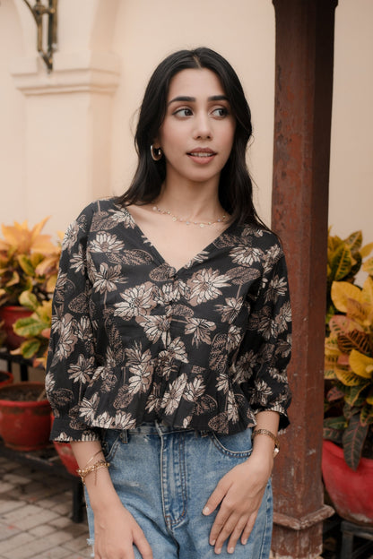 Midnight Bloom V-Neck Peplum Top