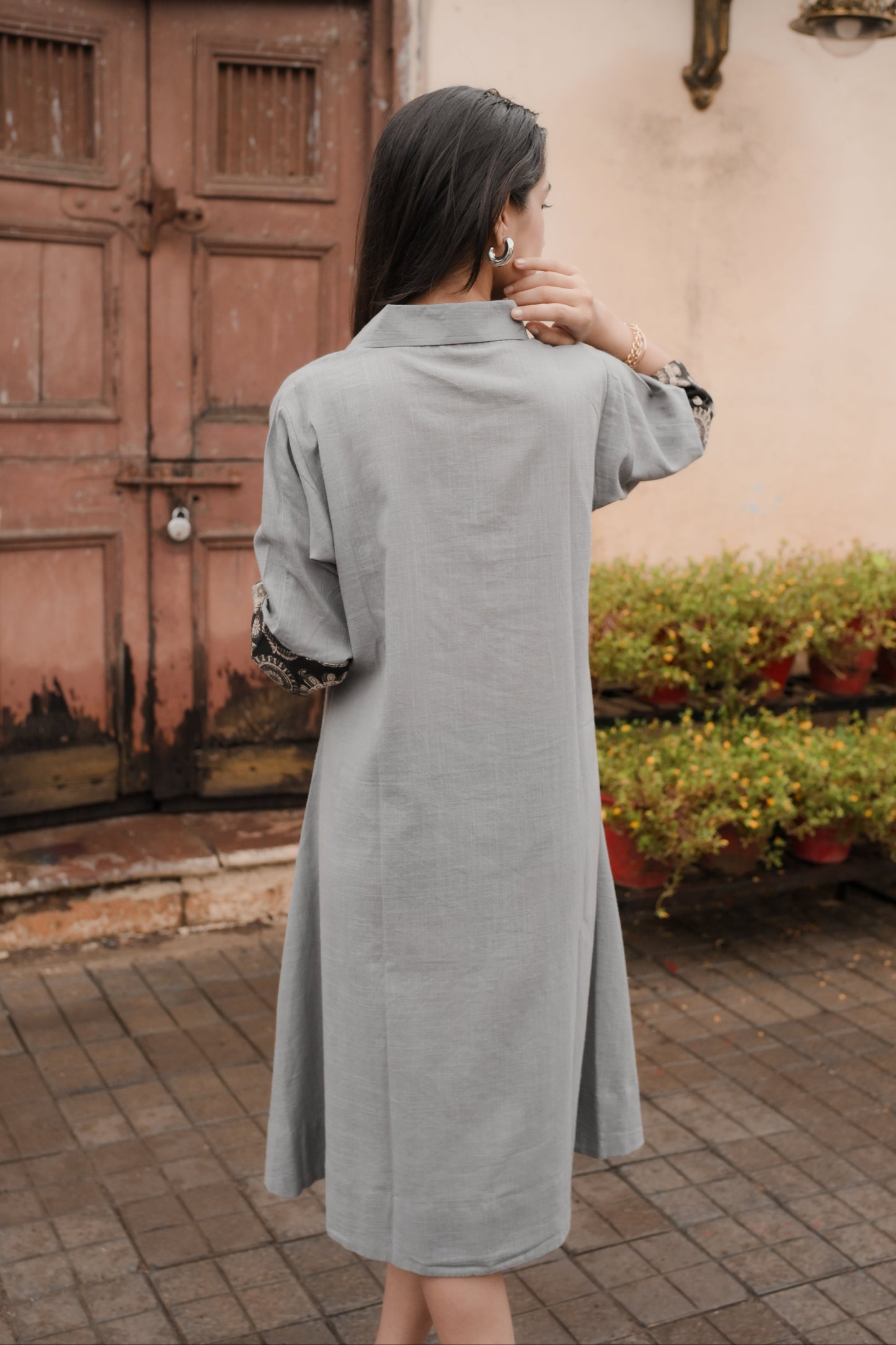 Grey & Black Collared A-Line Cotton Dress