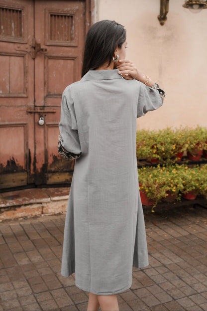 Grey & Black Collared A-Line Cotton Dress