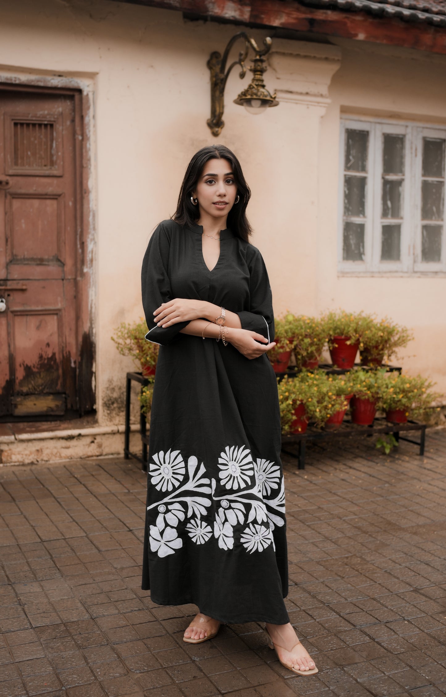 Bold Black Floral Embroidered Shirt Dress