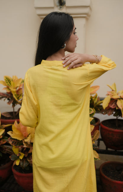 Yellow Lotus Embroidery Shirt Dress