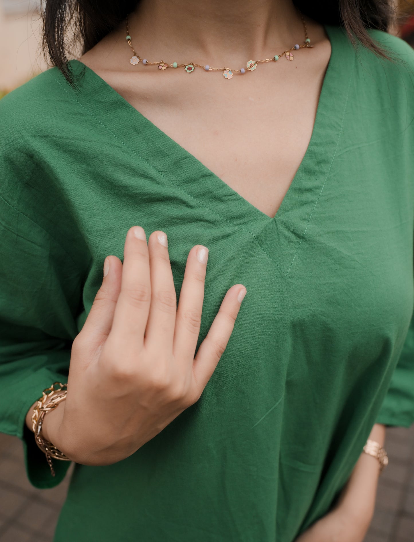 Meadow Charm Embroidered Green Cotton Dress