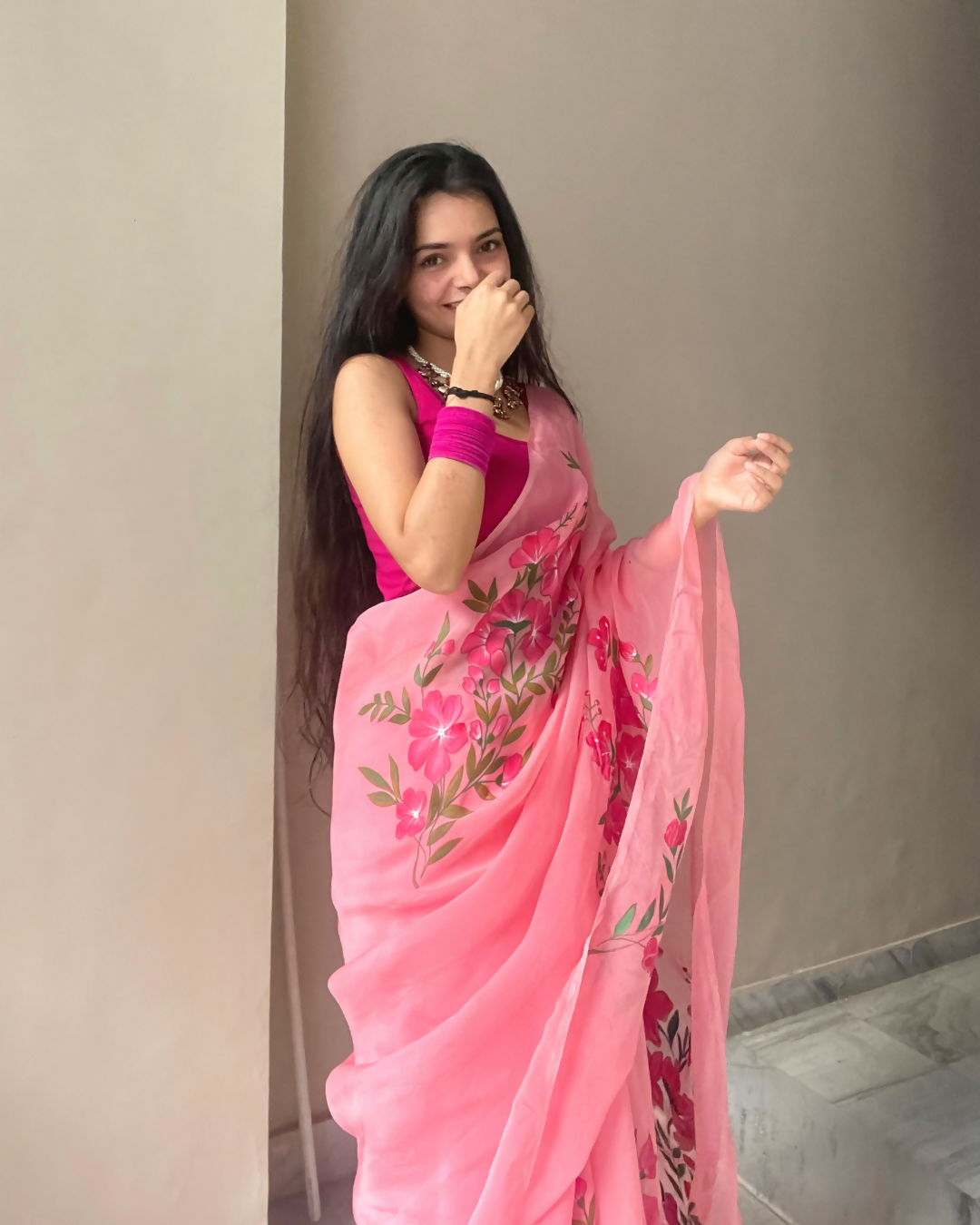 deep pink 'gulbaag' hand-painted saree (6)