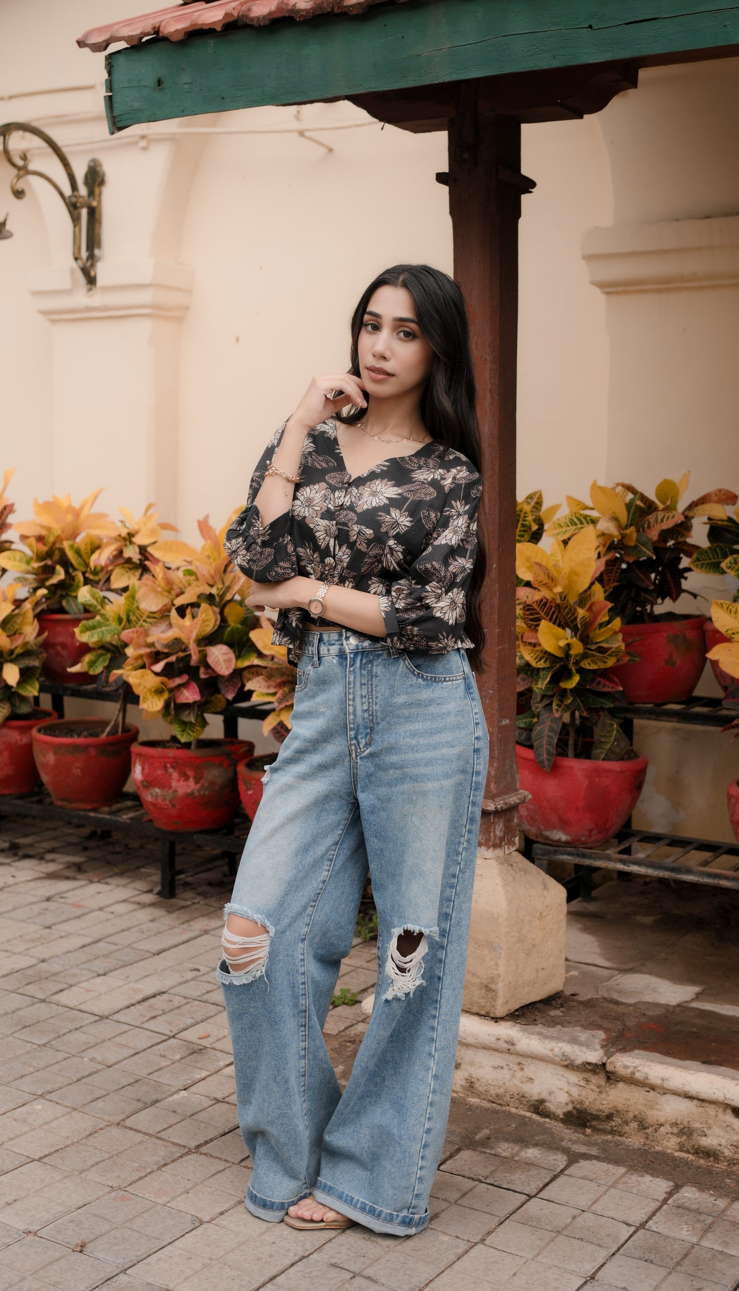 Midnight Bloom V-Neck Peplum Top