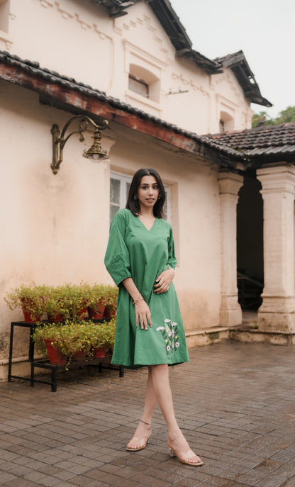 Meadow Charm Embroidered Green Cotton Dress