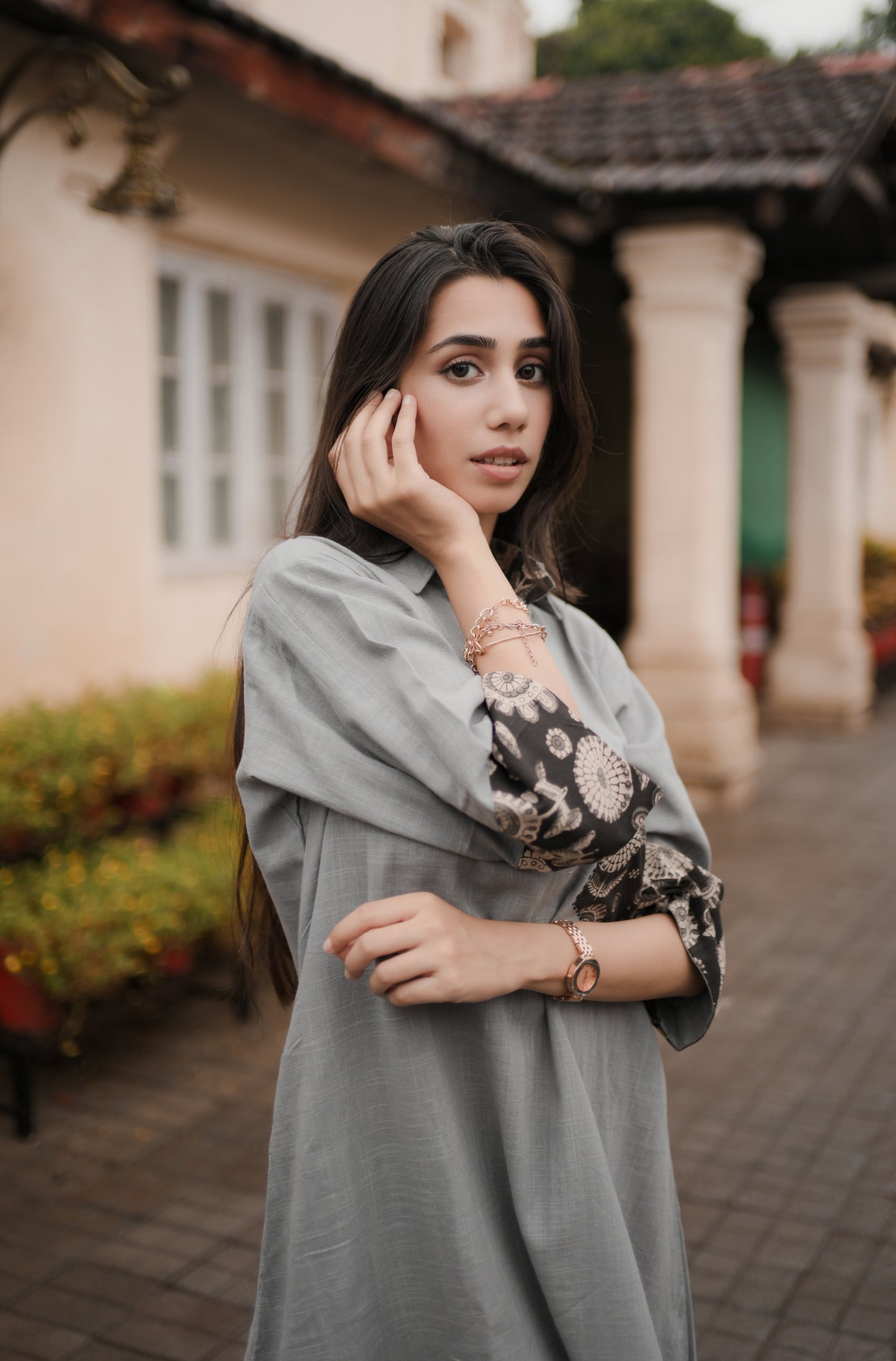 Grey & Black Collared A-Line Cotton Dress