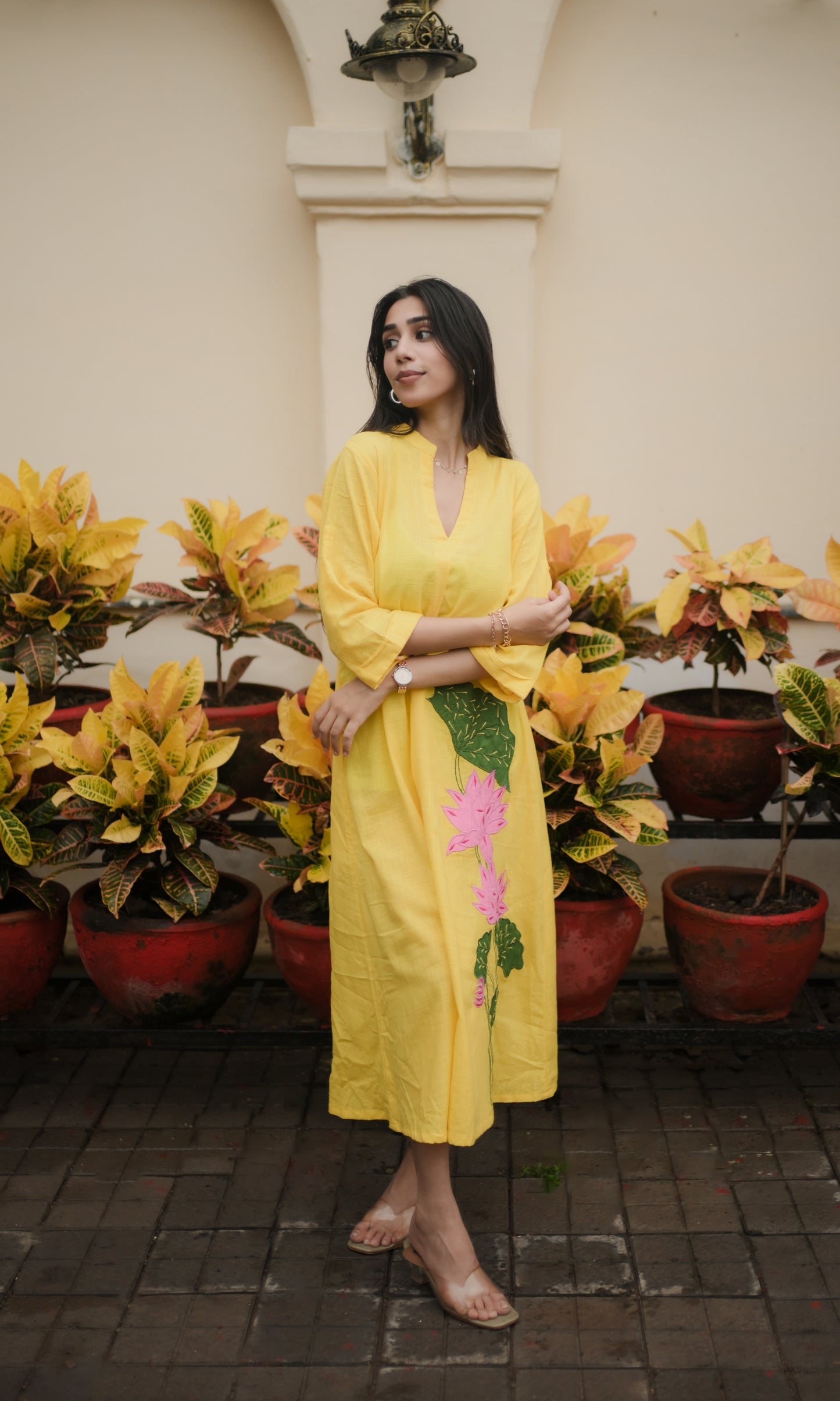 Yellow Lotus Embroidery Shirt Dress