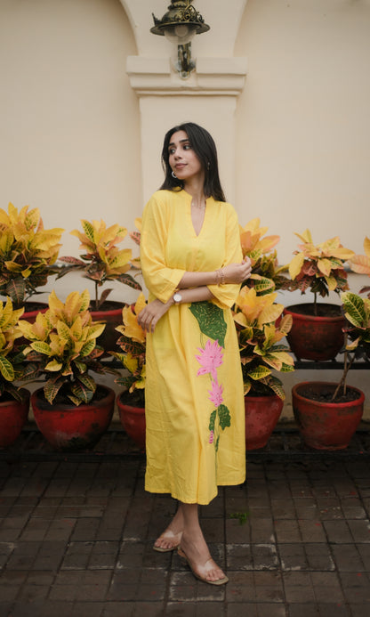 Yellow Lotus Embroidery Shirt Dress
