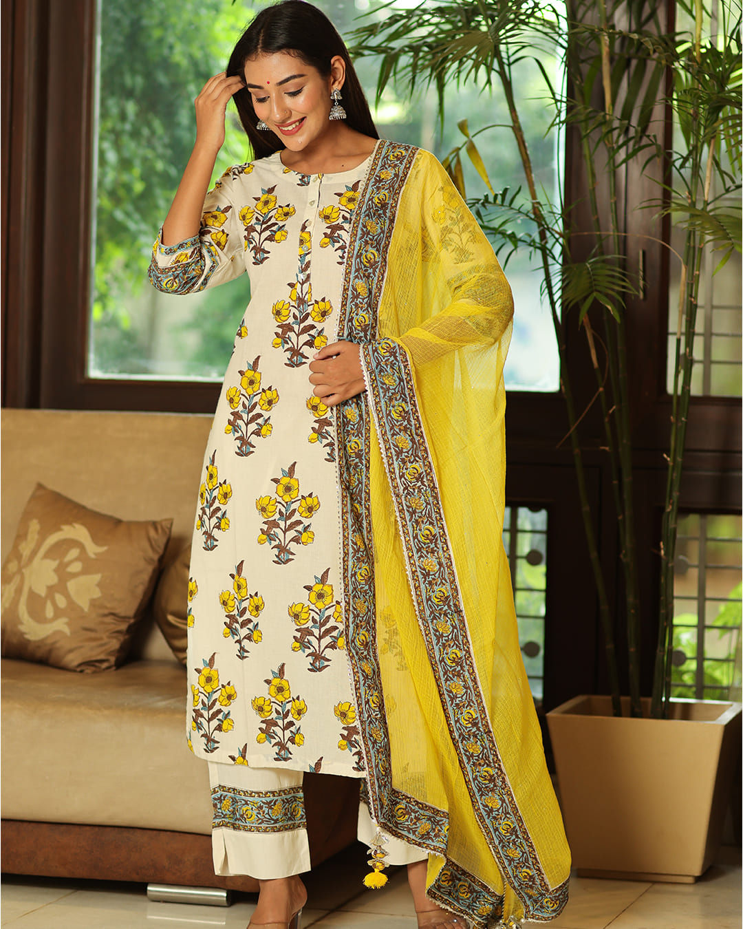 Yellow Cream Handblock Suit Set