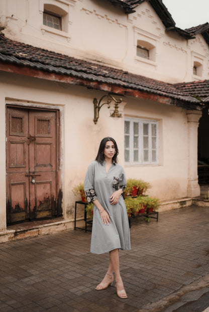 Grey & Black Collared A-Line Cotton Dress