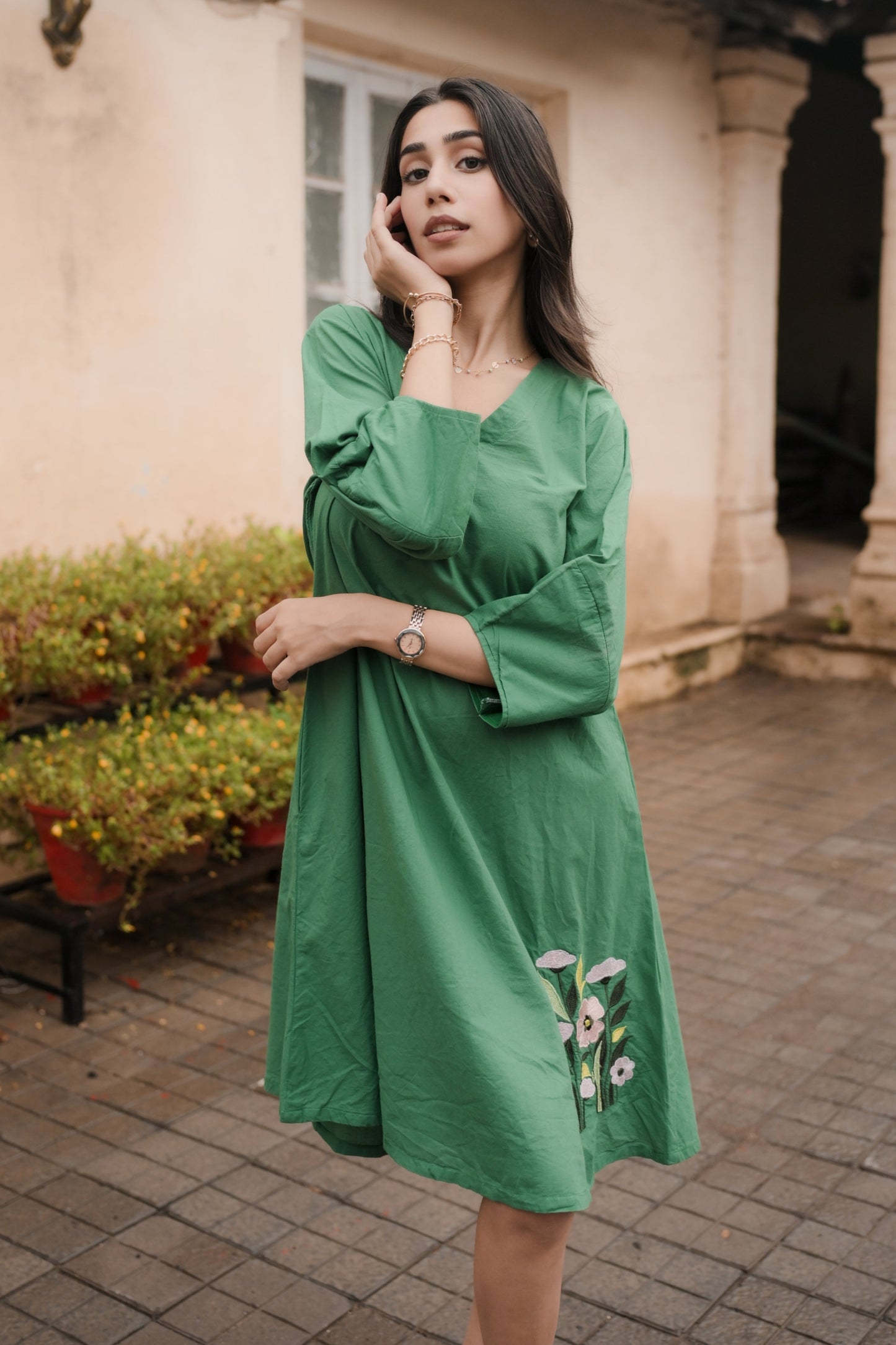 Meadow Charm Embroidered Green Cotton Dress