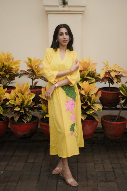 Yellow Lotus Embroidery Shirt Dress