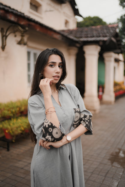 Grey & Black Collared A-Line Cotton Dress