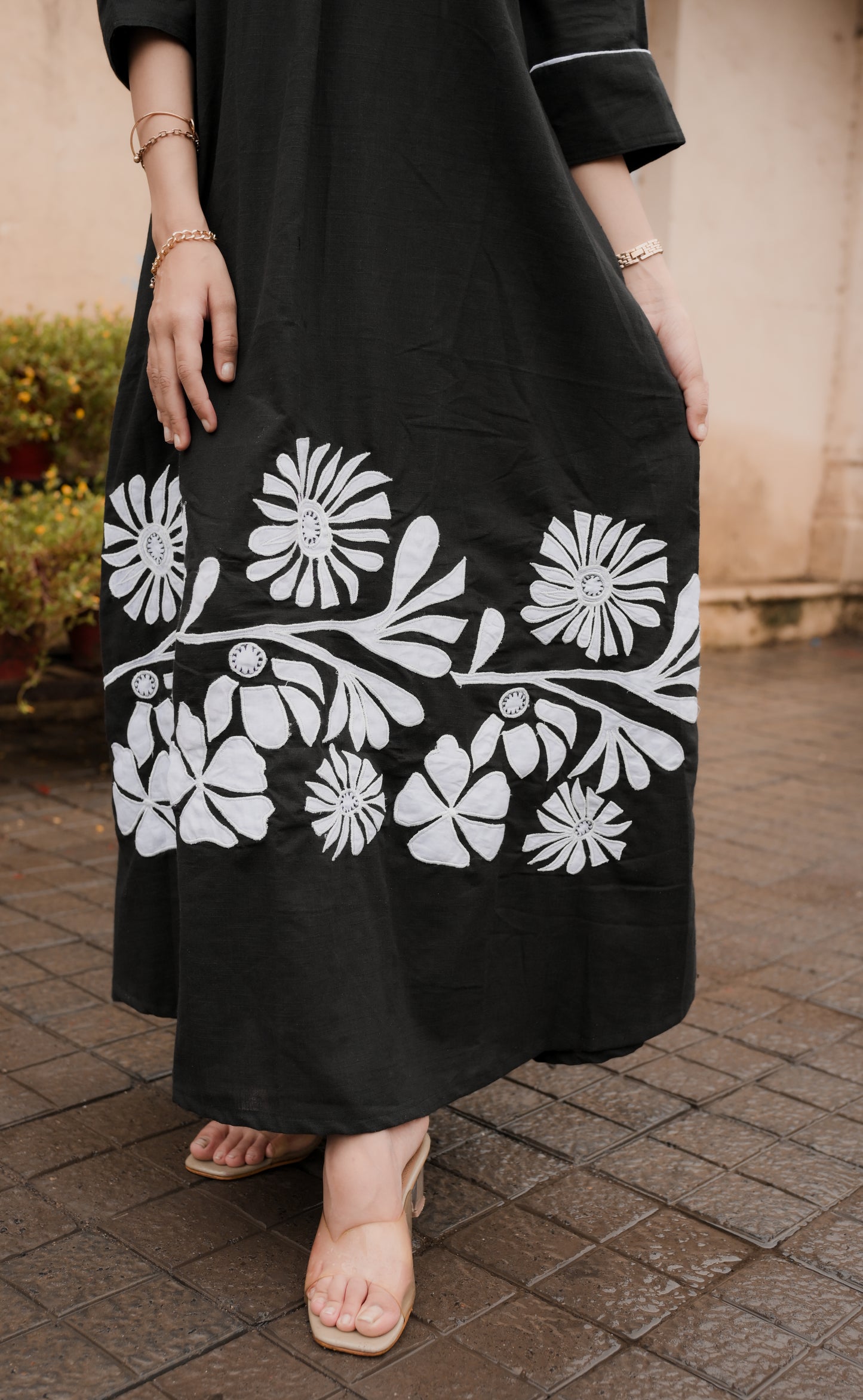 Bold Black Floral Embroidered Shirt Dress