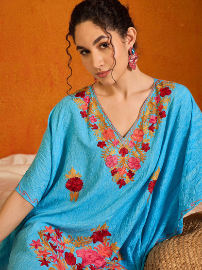 Aqua Blue Kashmiri Kaftan - Short