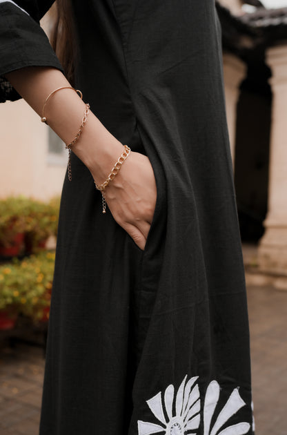 Bold Black Floral Embroidered Shirt Dress