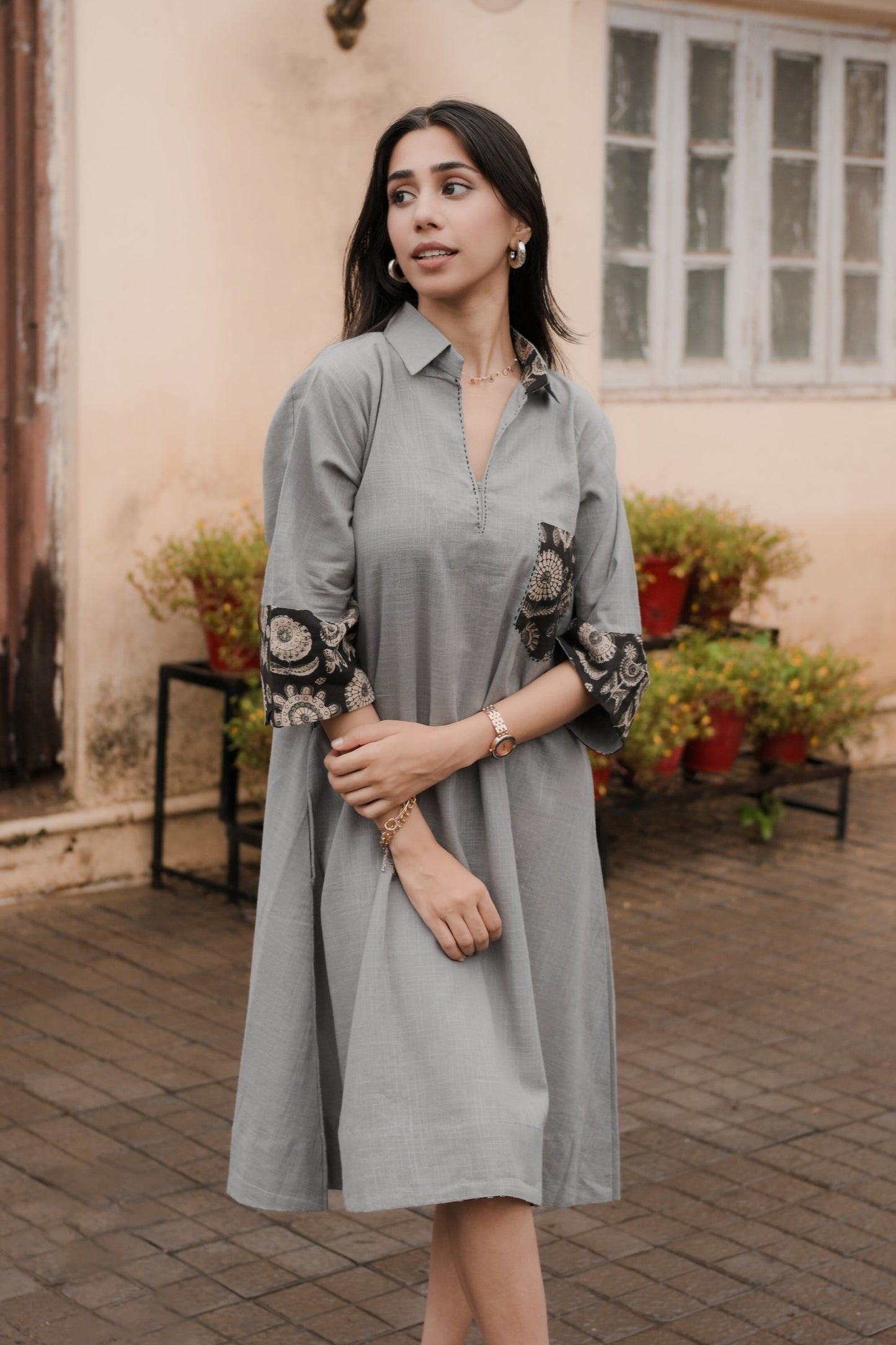 Grey & Black Collared A-Line Cotton Dress