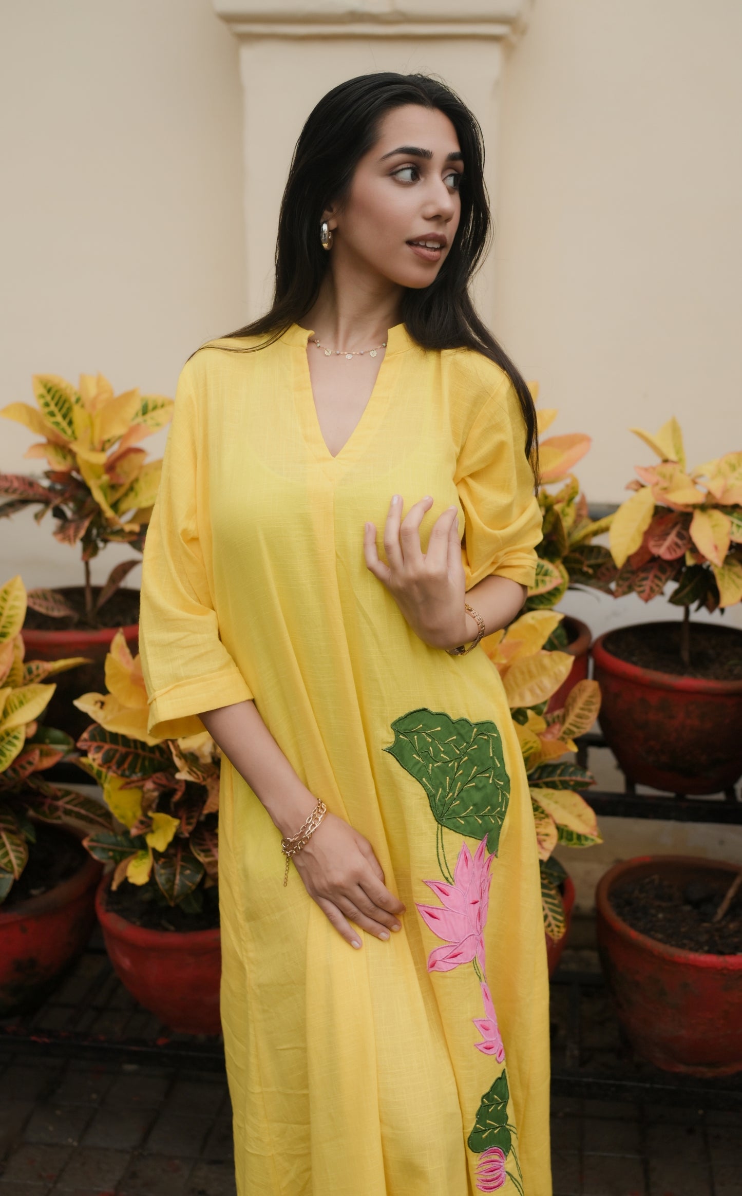 Yellow Lotus Embroidery Shirt Dress