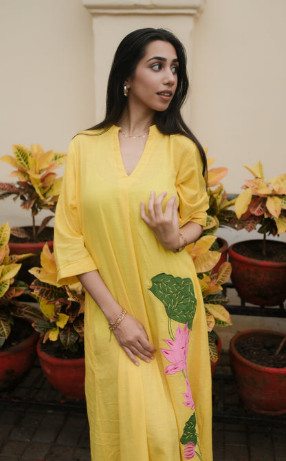 Yellow Lotus Embroidery Shirt Dress