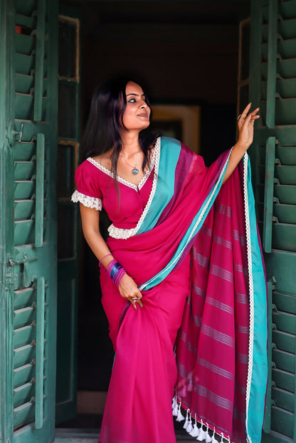 Strawberry Blast Pink Cotton Handloom Saree