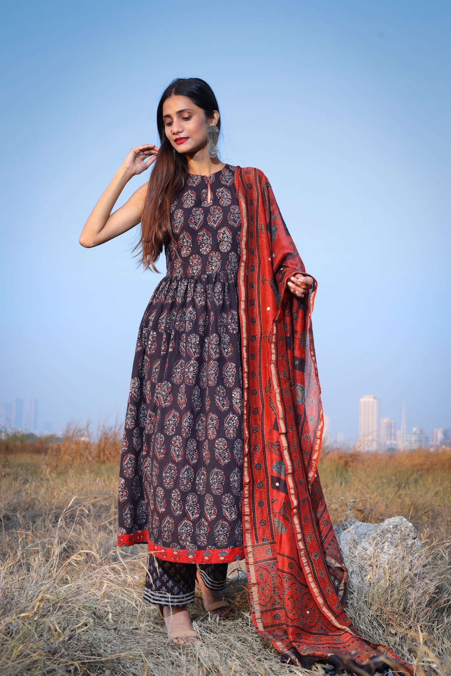 Madder Ajrakh Chanderi Silk Dupatta with Mirror Work