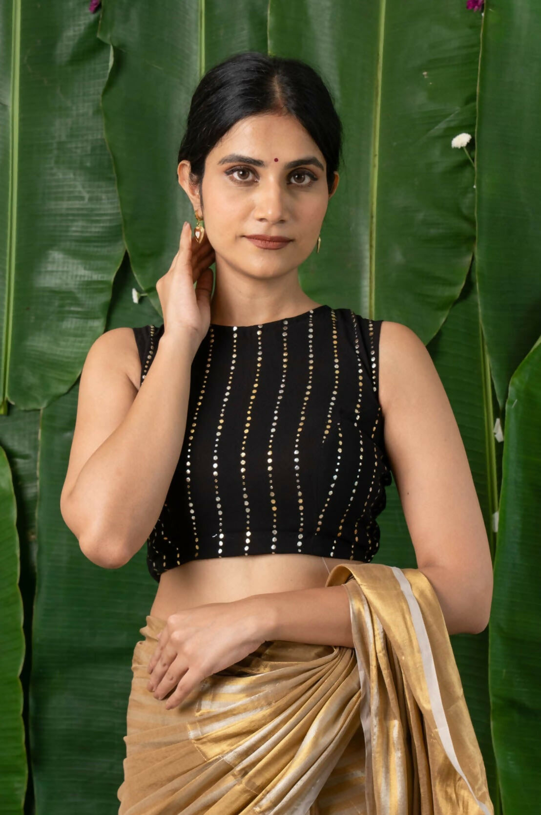 Raina Black Georgette Sequins Sleeveless Back Open Blouse