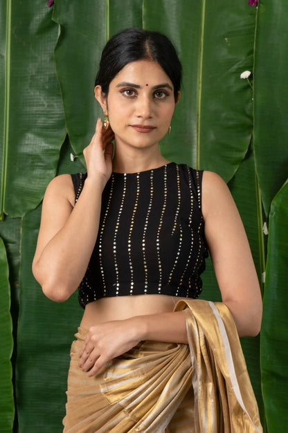 Raina Black Georgette Sequins Sleeveless Back Open Blouse