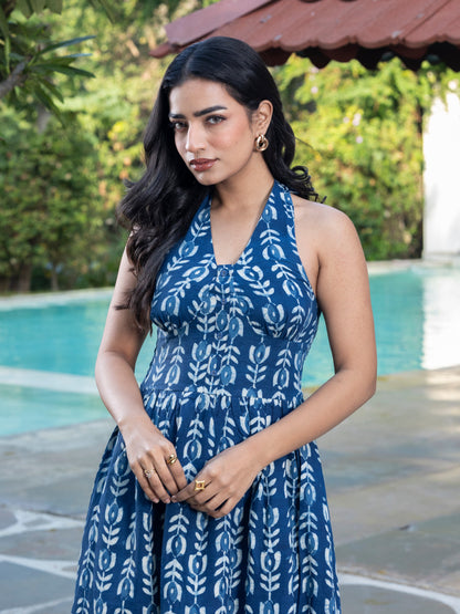 Indigo Handblock Print Long Halter Dress