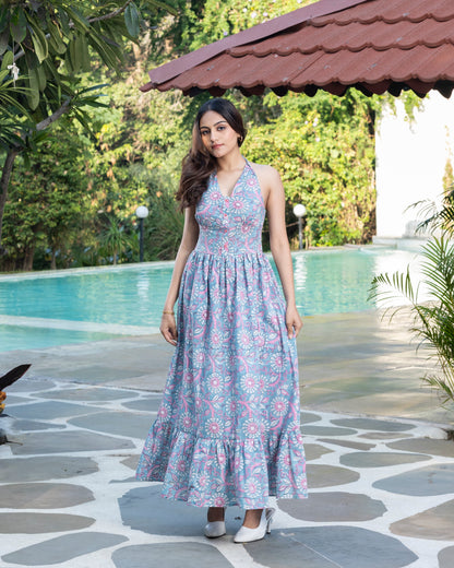 Light Blue Handblock Print Long Halter Dress