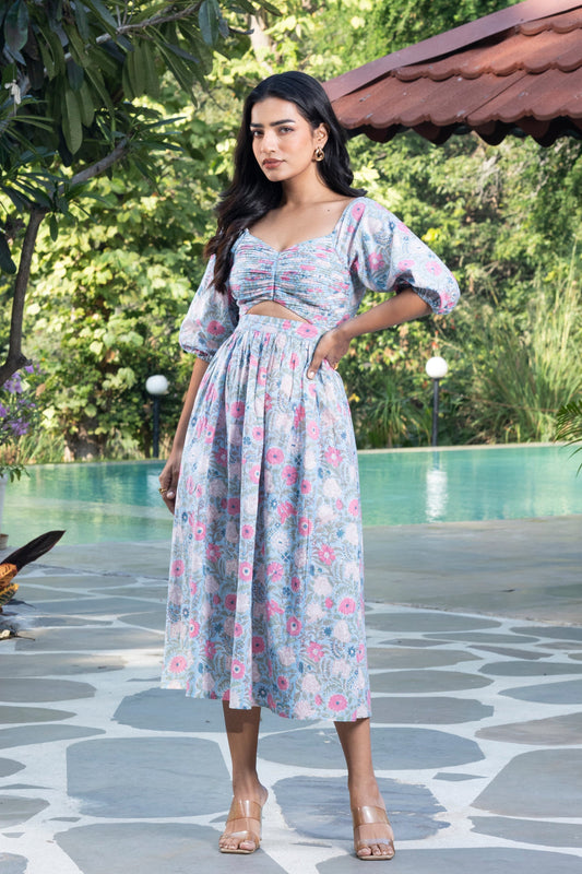Daisy Handblock Printed Pleated Dress