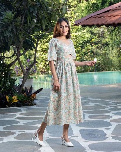 Pistachio Handblock Printed Pleated Dress