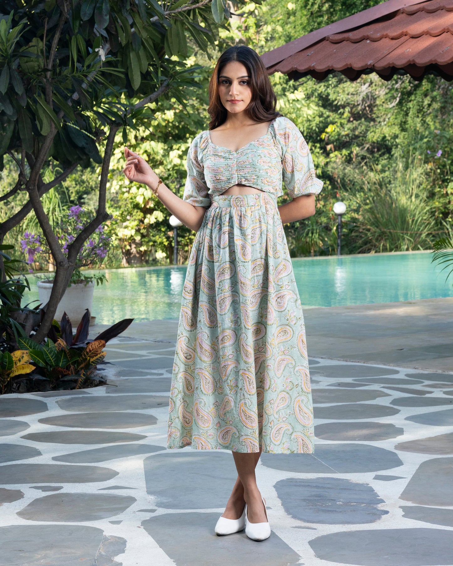 Pistachio Handblock Printed Pleated Dress