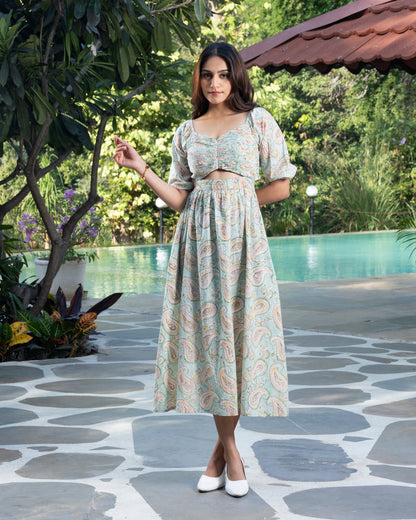 Pistachio Handblock Printed Pleated Dress