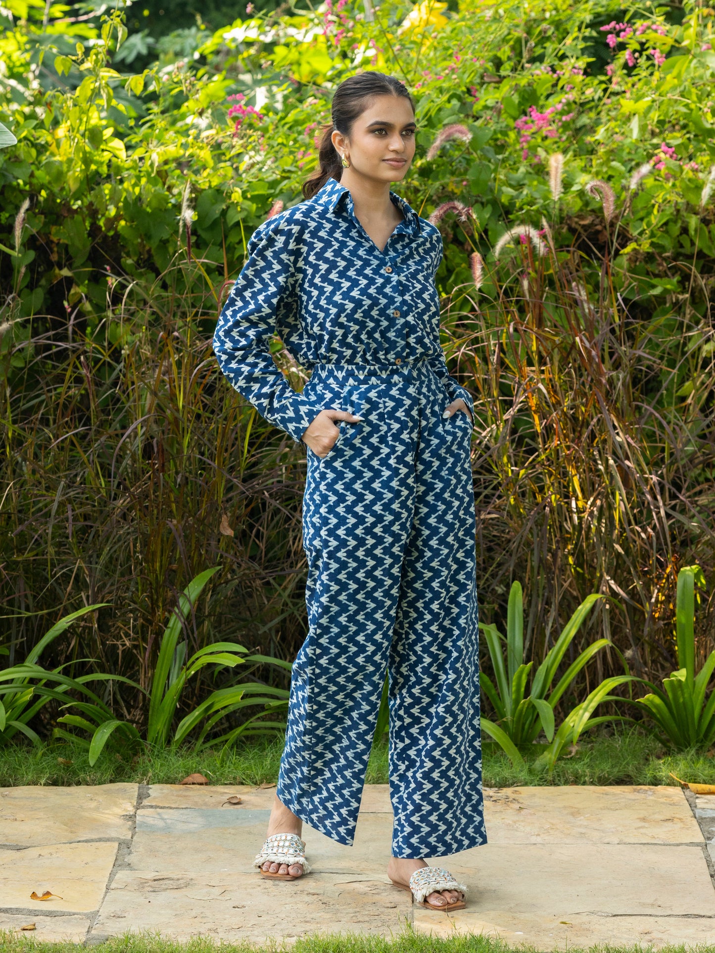 Blue Handblock Print Shirt & Trousers Set