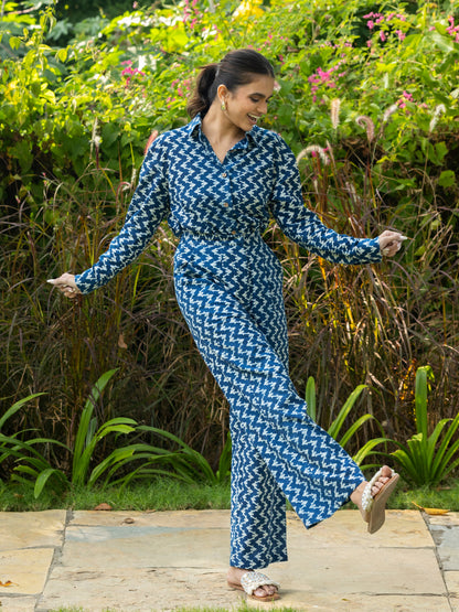 Blue Handblock Print Shirt & Trousers Set