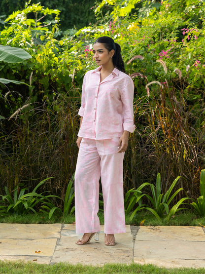 Pink Handblock Print Shirt & Trousers Set