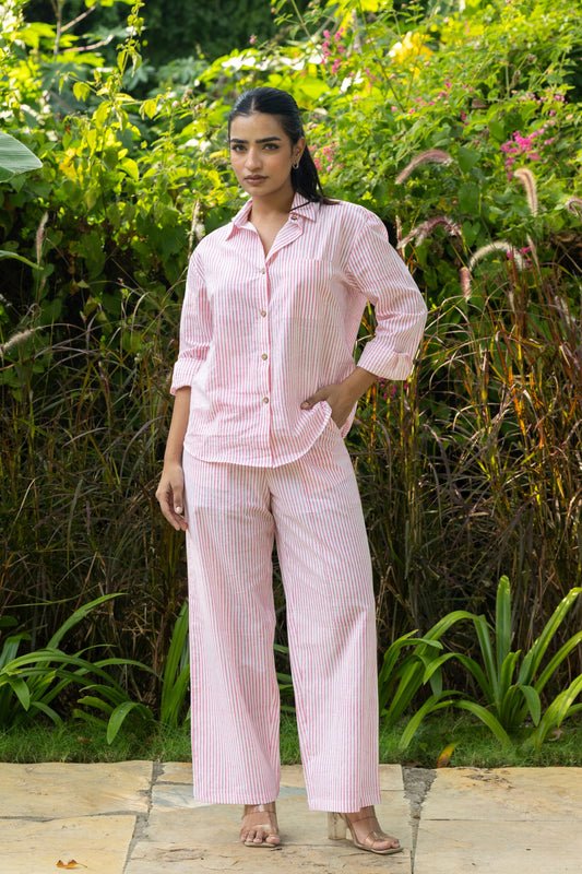 Pink Handblock Print Shirt & Trousers Set